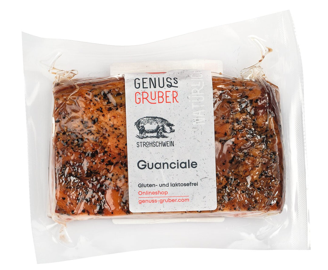Guanciale – pork cheek with pepper - bacon approx. 70% fat content (approx. 0.30kg; vacuum packed), Montalcino Salumi