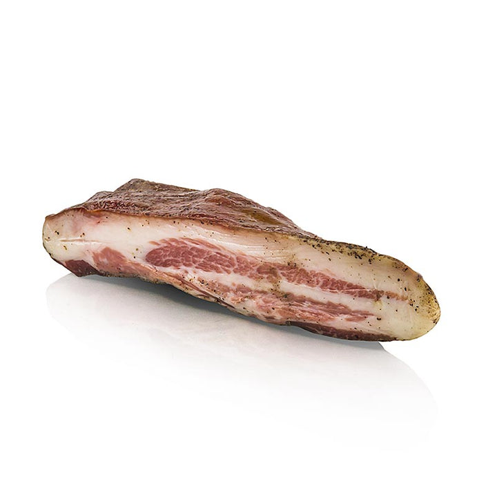 Guanciale – Schweinebacke mit Pfeffer - Speck ca. 70% Fettanteil(ca. 0,380 kg; vakuumiert), Montalcino Salumi