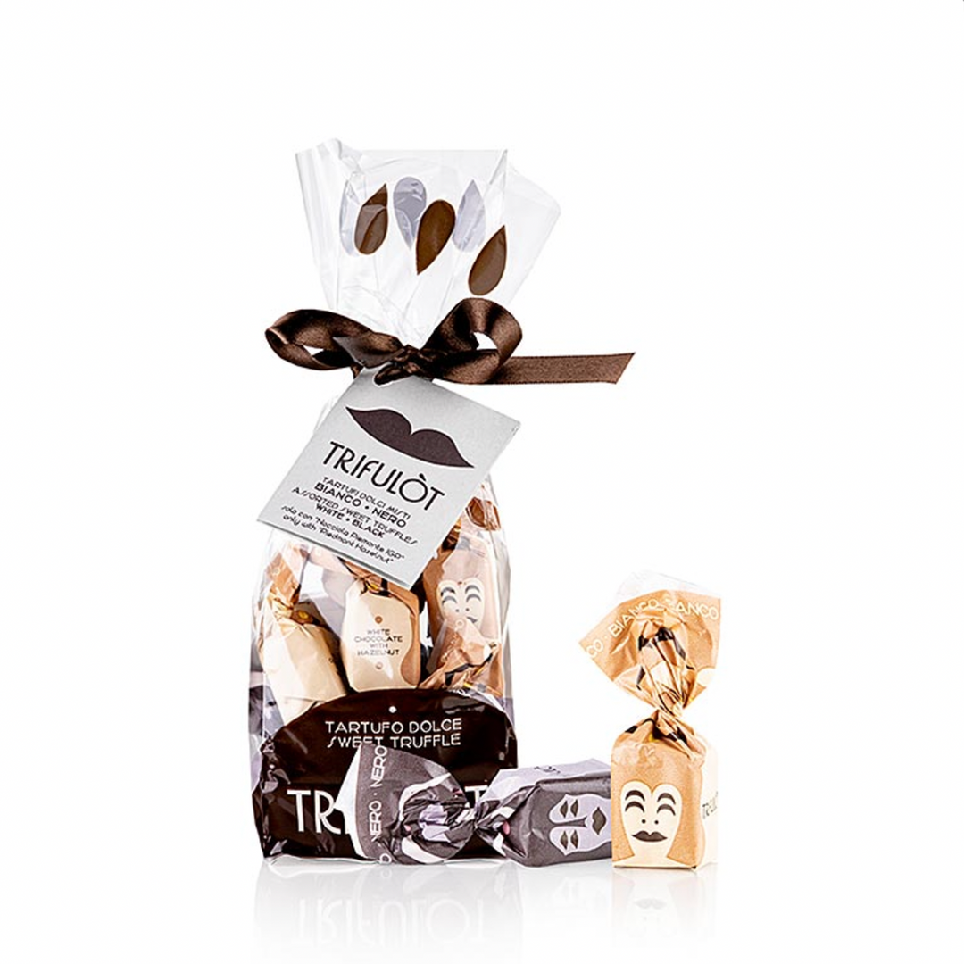 Tartuflanghe: Trüffelpralinen - Tartufi dolci d'Alba mit dunkler & weisser Schokolade 200g