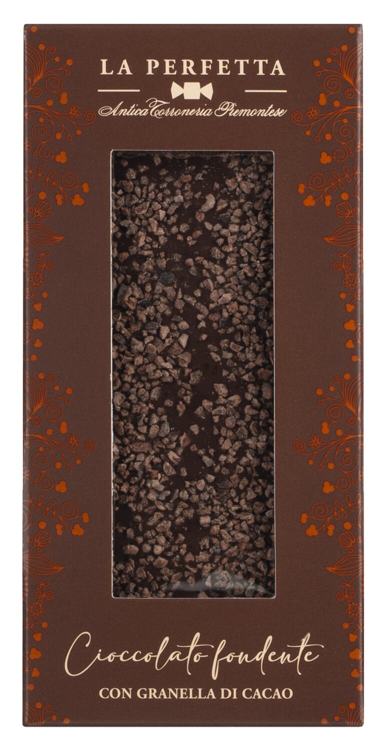 Antica Torroneria Piemontese: Zartbitterschokolade mit Kakaobohnensplittern - Cioccolato fondente con granella di cacao, 85 g