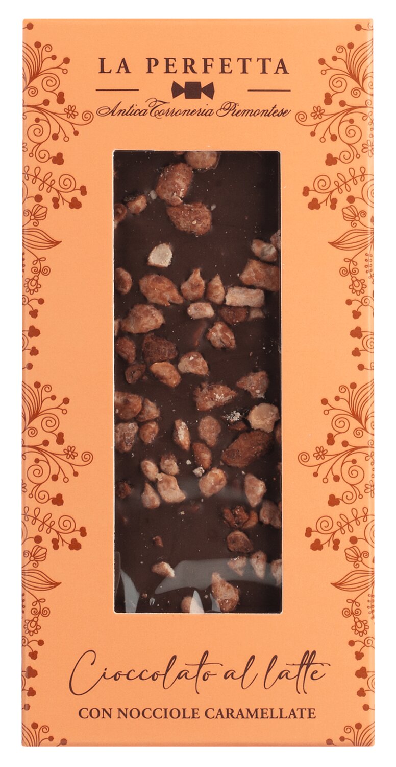 Antica Torroneria Piemontese: Vollmilchschokolade mit karamellisierten Haselnüssen - Cioccolato al latte con nocciole caramellate, 85 g