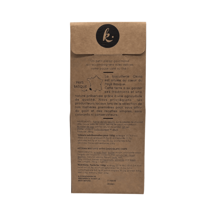 Okina: Knusprige Schokoladenkekse – handgefertigt im Baskenland - Biscuits Craquants aux pépites de chocolat, 150g