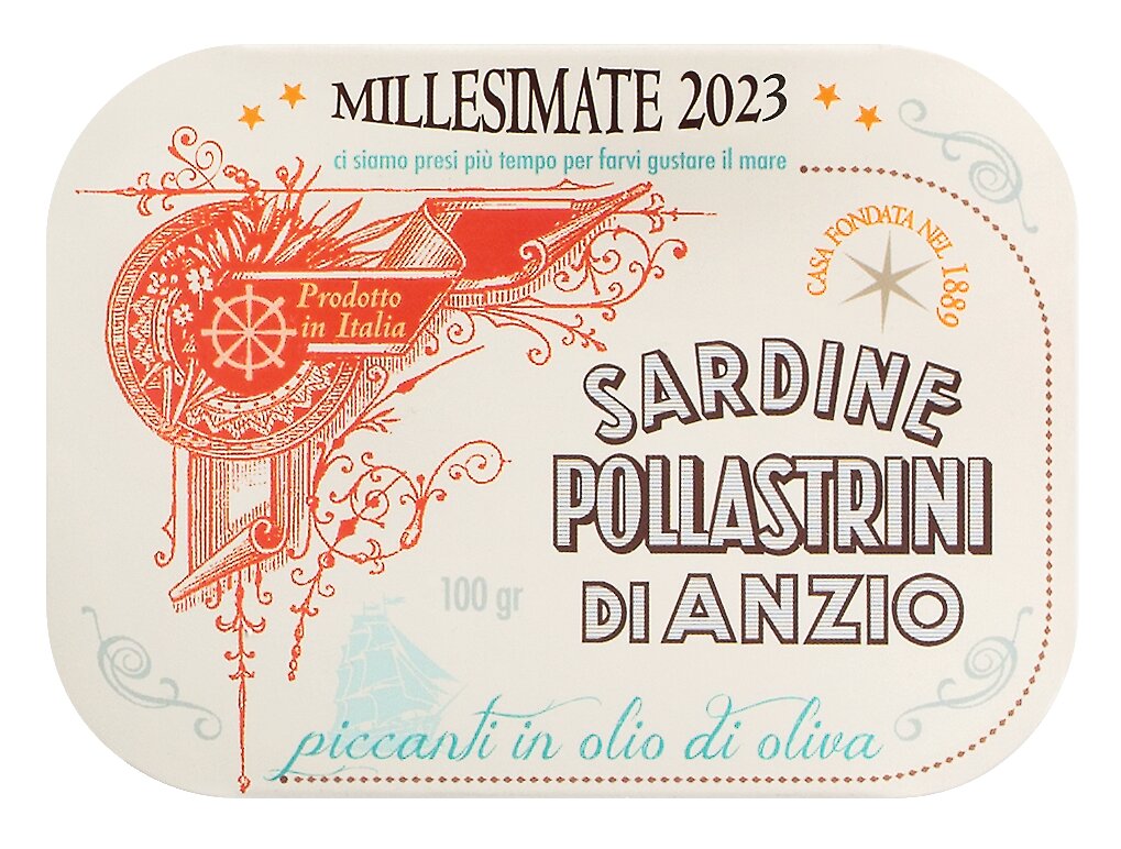 Pollastrini: Jahrgangssardine 2023 in Olivenöl mit Chili - Sardine piccanti in olio d'oliva Millesimate, 100 g