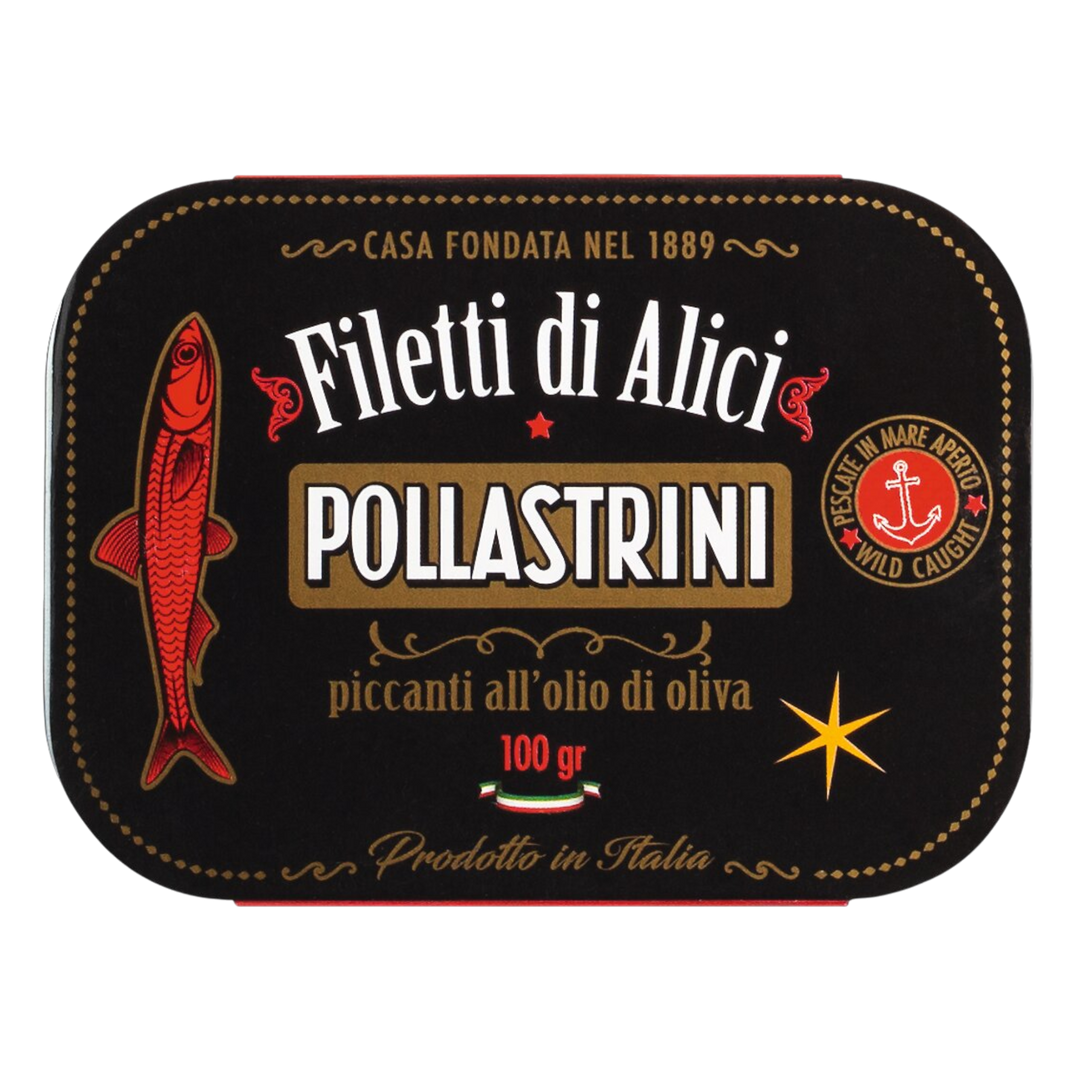 Pollastrini: Sardellenfilets in Olivenöl mit Chili - Filetti di Alici piccanti all'olio di oliva, 100g