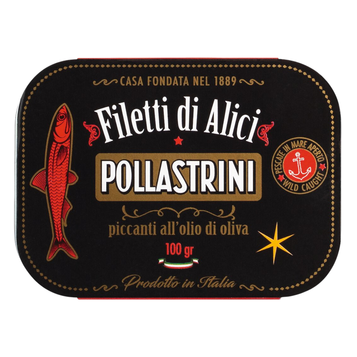 Pollastrini: Sardellenfilets in Olivenöl mit Chili - Filetti di Alici piccanti all'olio di oliva, 100g