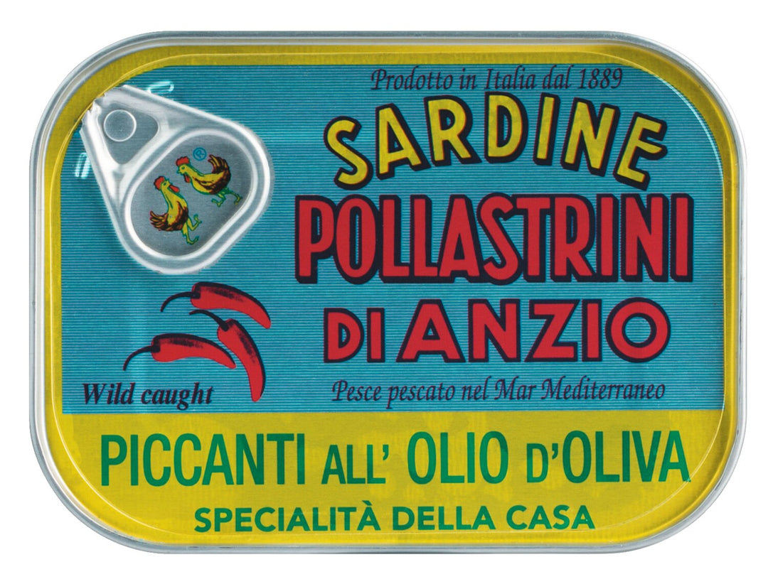 Pollastrini: Sardine in Olivenöl mit Chili - Sardine piccanti all'olio d'oliva, 100 g