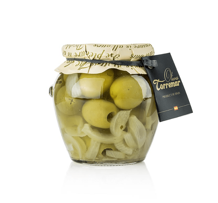 Olives vertes dénoyautées, Gordal, aux oignons, Torremar SL, 580 g